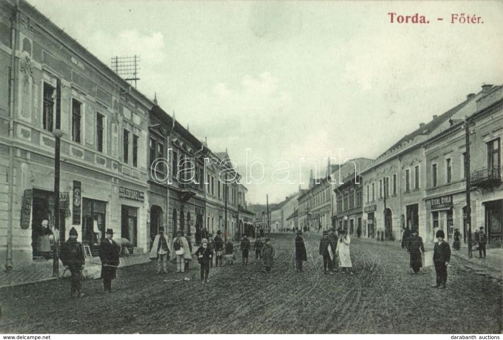 T2/T3 Torda, Turda; Fő Tér, Leőb Dávid, Sterl Gyula üzlete. Füssy József Kiadása / Main Square, Shops (EK) - Ohne Zuordnung