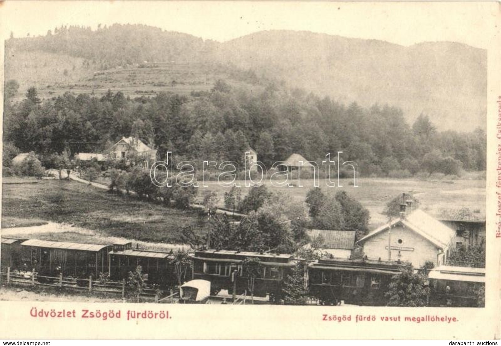 * T3 1907 Zsögödfürdő, Jigodin Bai; Vasútállomás, Gőzmozdony, Vonat Szerelvények. Biró József Fényképész / Railway Stati - Ohne Zuordnung