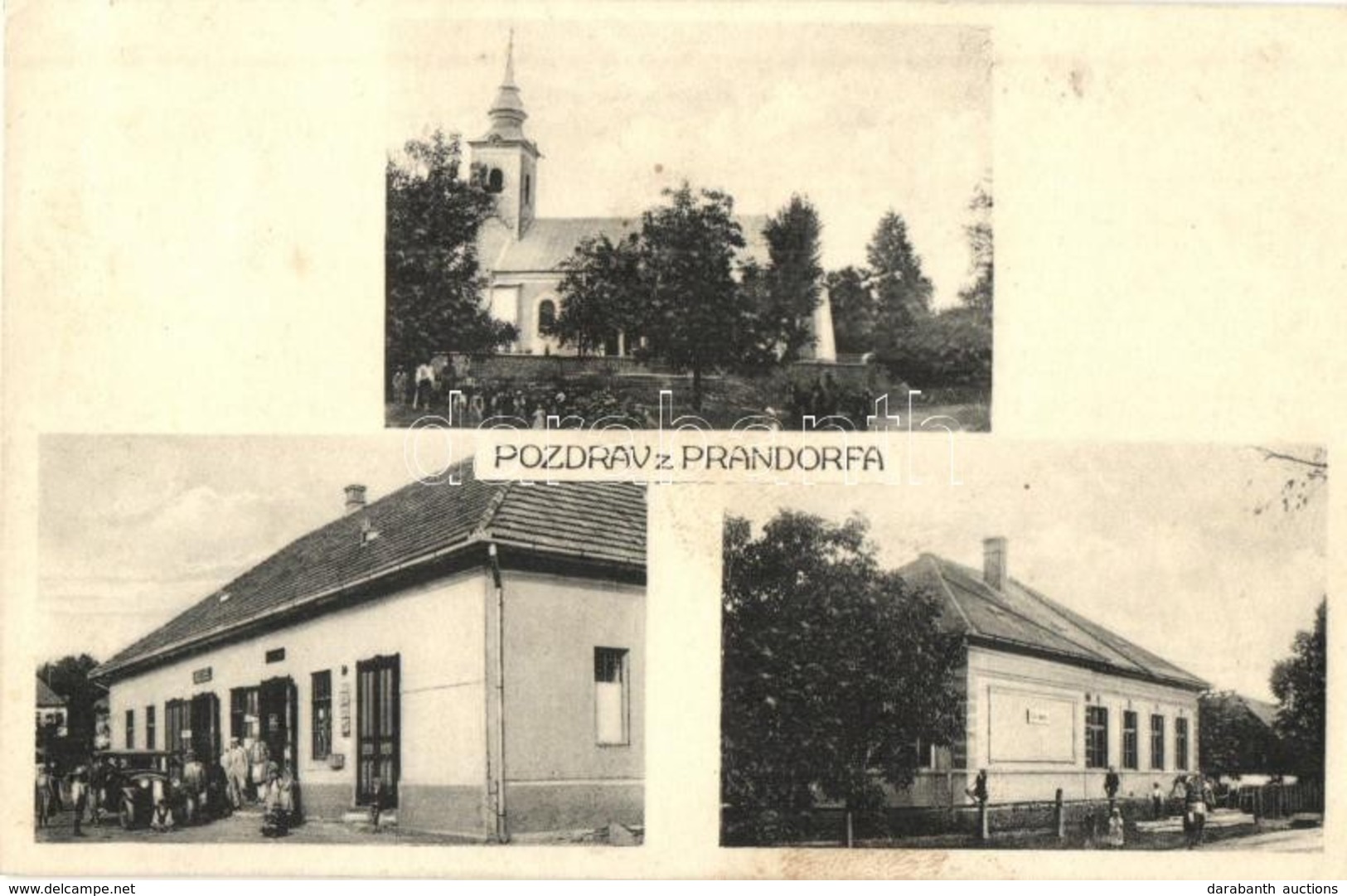 * T2 Baka, Prandorf, Devicany; Templom, üzlet Automobillal, Iskola / Church, Shop With Automobile, Shool. Foto St. Nappe - Zonder Classificatie