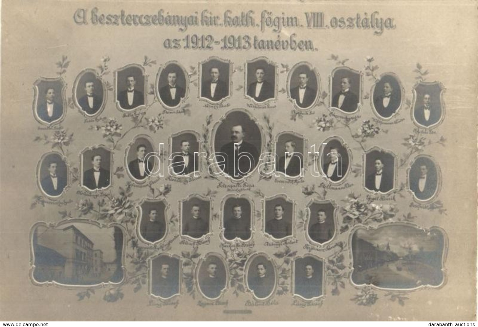 ** T2 1913 Besztercebánya, Banská Bystrica; Kir. Kath. Főgimnázium VIII. Osztályának Tablóképe, Az Iskola Képével / Gram - Non Classés