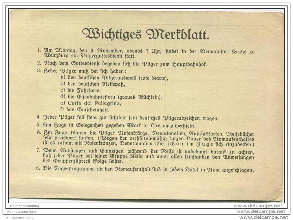 Platzkarte - Rompilgerfahrt 9. - 19. November 1925 Mit Fahrplan Ab Würzburg - Sonstige & Ohne Zuordnung