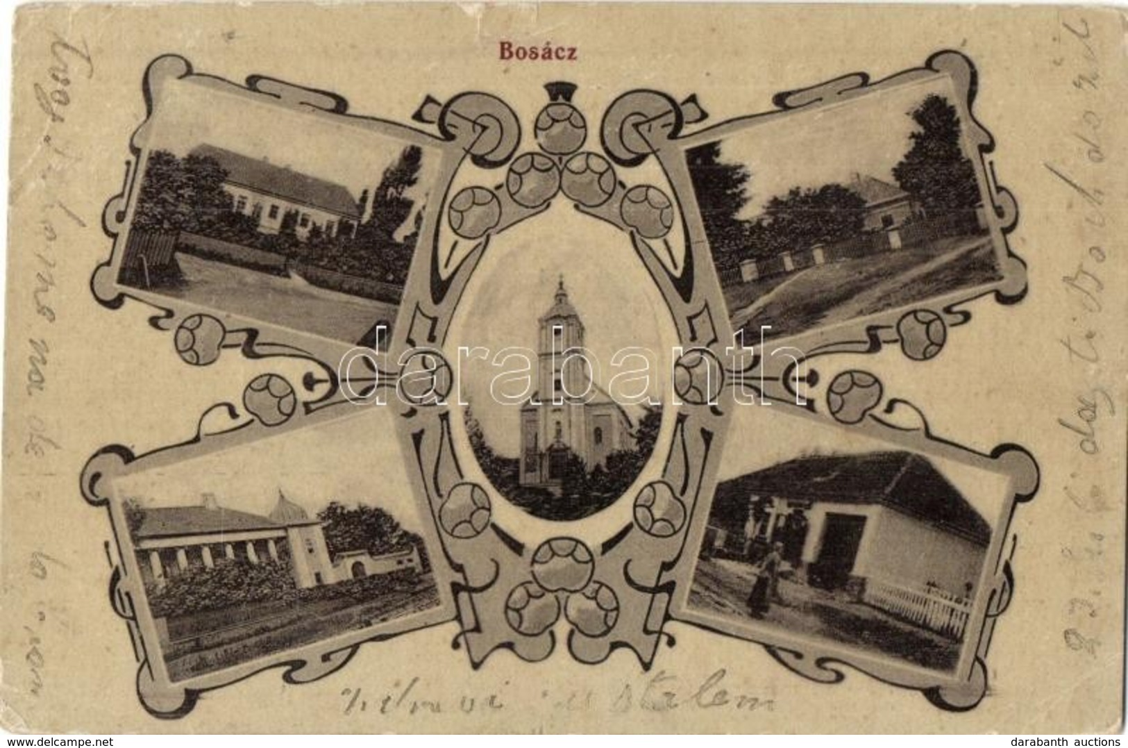 T3 1917 Bosác, Bosáca; Templom, üzlet, Kastélyok / Church, Castles, Shop. Art Nouveau (szakadás / Tear) - Zonder Classificatie