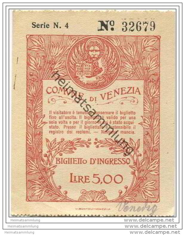 Biglietto D' Ingresso Comune Di Venezia 1925 - Lire 5,00 - Eintrittskarten