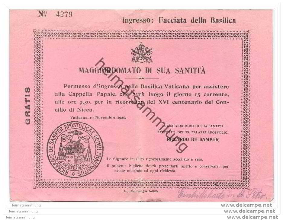 Maggiordomato Di Sua Santita - Basilica Vaticana - Eintrittskarte 1925 - Eintrittskarten