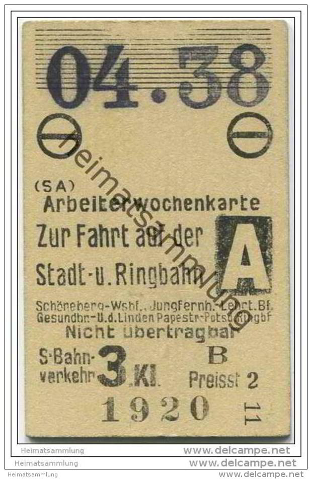 Berlin S-Bahn - Arbeiterwochenkarte 04. 1938 - Stadt- Und Ringbahn - 3. Klasse - Europe