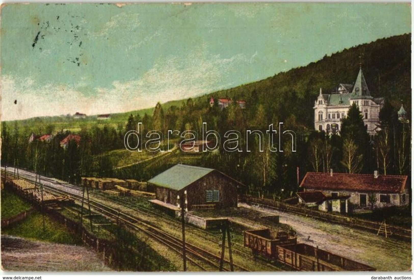 * T2/T3 Savanyúkút, Sauerbrunn; Vasútállomás, Hartig Villa, Kiadja M. Stelzmüller / Railway Station, Villa, (fl) - Zonder Classificatie