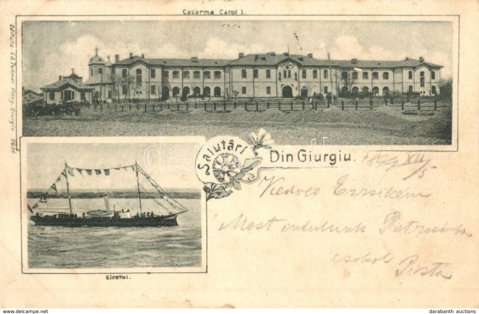 T2/T3 1899 Giurgiu, Gyurgyevó; Casarma Carol I, Siretul. Editura Fellmer Fotog. 560. / Military Barracks, Siret River Wi - Zonder Classificatie