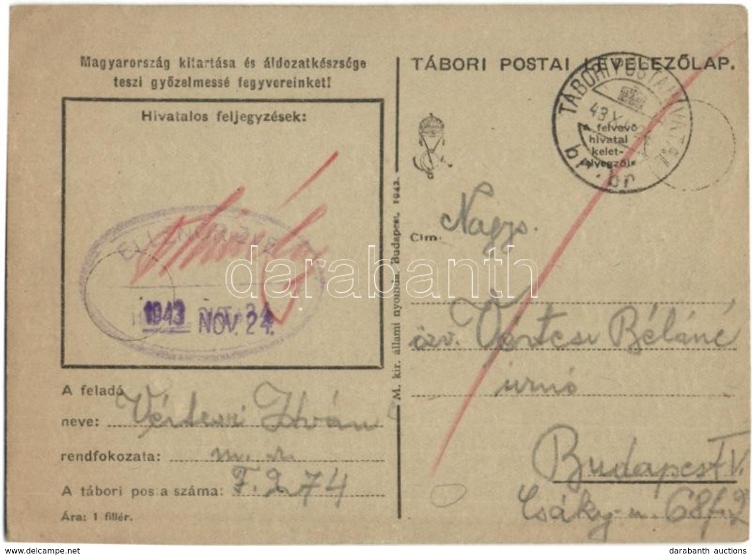T2/T3 1943 Vértesi István Zsidó KMSZ (közérdekű Munkaszolgálatos) Levele édesanyjának özv. Vértesi Béláné úrnőnek. M. Sz - Zonder Classificatie
