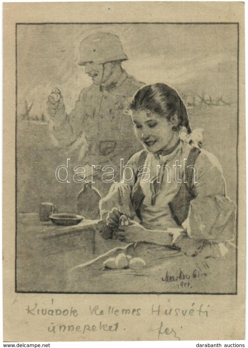 1944 Kézzel Rajzolt Katonatiszt Tábori Posta Levelezőlap, 2 Db / WWII Hungarian Military, 2 Hand-drawn Art Postcard. - Zonder Classificatie