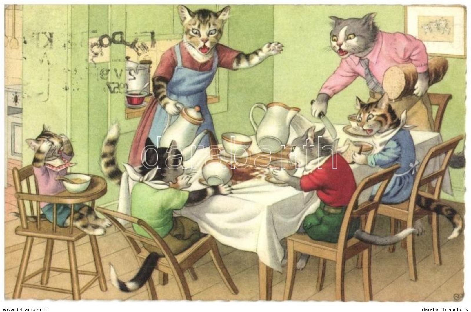 * T2/T3 Cats Having Breakfast, Clumsy Cat Spills Cocoa Drink All Over The Table. Colorprint B. Special 2255/1. - Modern  - Zonder Classificatie