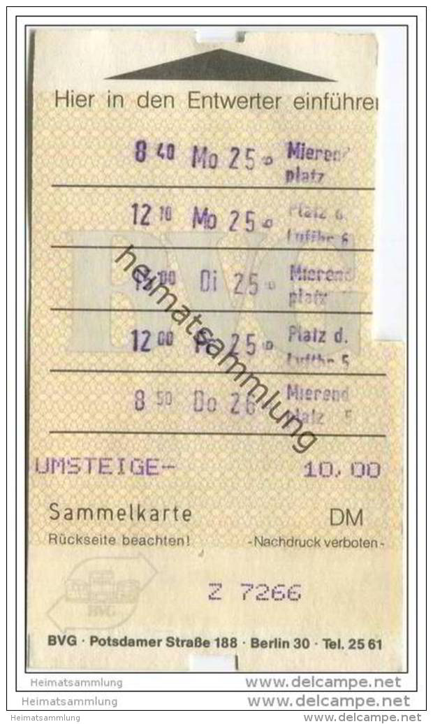 Umsteige-Sammelkarte DM 10,00 - BVG Berlin Potsdamerstrasse 188 - 1986 - Europe