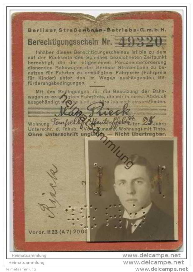 Berlin - Berliner Strassenbahn-Betriebs-GmbH - Berechtigungsschein 1927 - 1931 - Fahrkarte - Europa