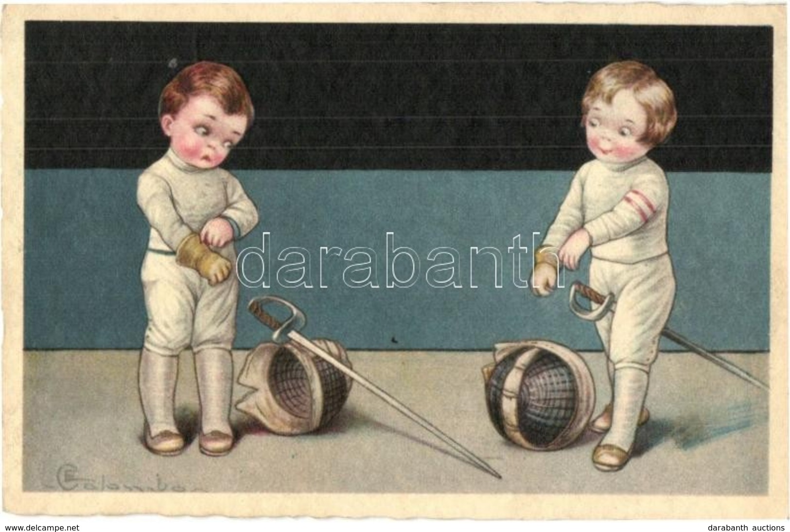 * T2/T3 Fencing Children, Italian Art Postcard, Ultra 2325. S: Colombo (EK) - Non Classificati