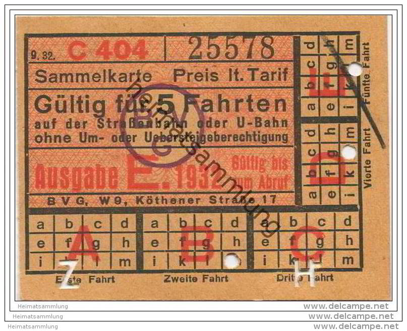 Berlin - BVG - Sammelkarte 1932 - Gültig Für 5 Fahrten Auf Der Strassenbahn Oder U-Bahn - Fahrkarte - Europa