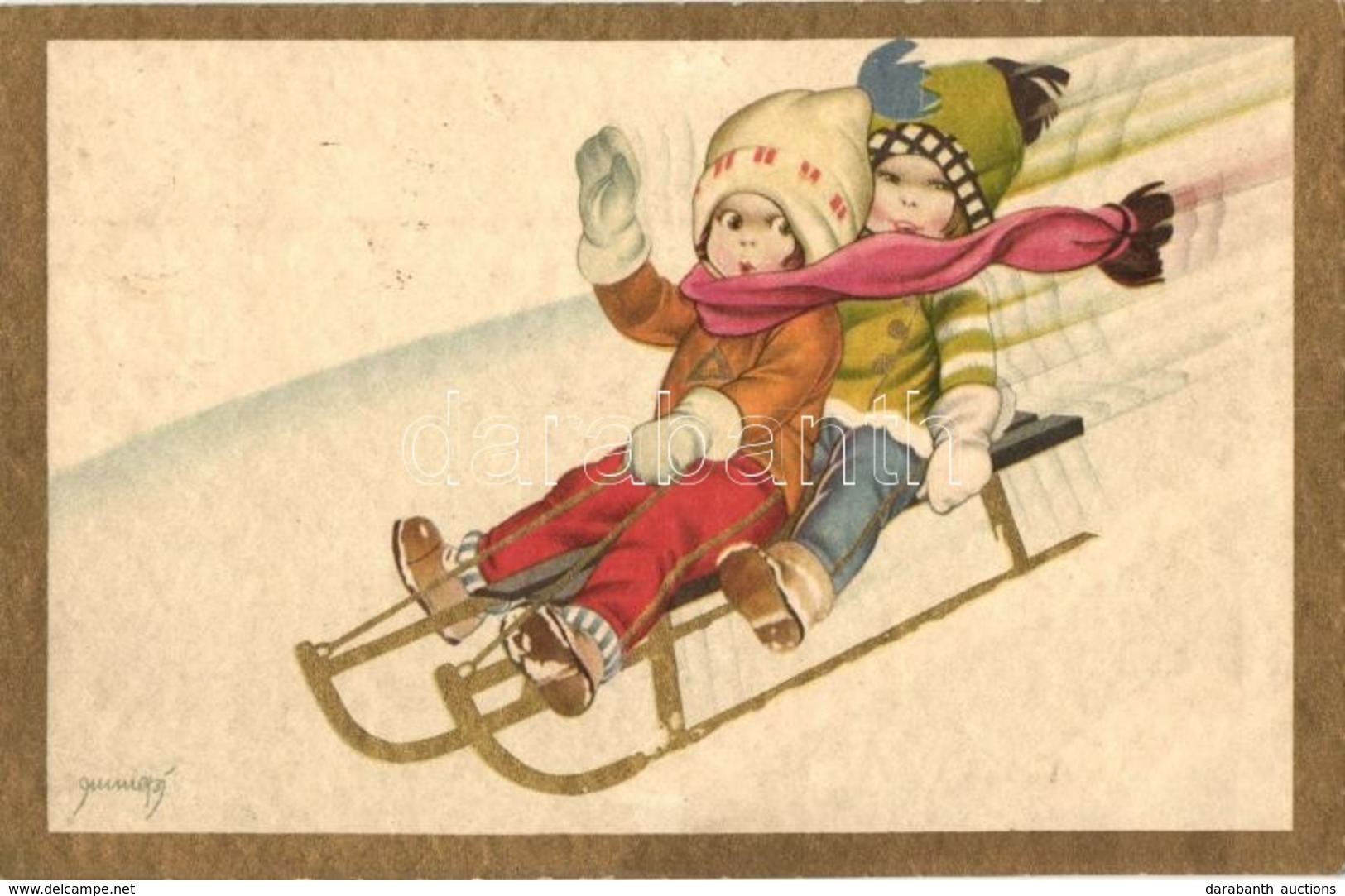 T2 Szánkózó Gyerekek Télen / Sledding Children In Winter. Golden Decorated Degami 2204. - Non Classificati