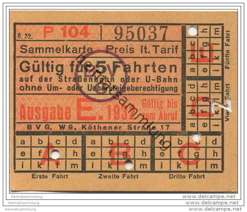 Berlin - BVG - Sammelkarte 1932 - Gültig Für 5 Fahrten Auf Der Strassenbahn Oder U-Bahn - Fahrkarte - Europa