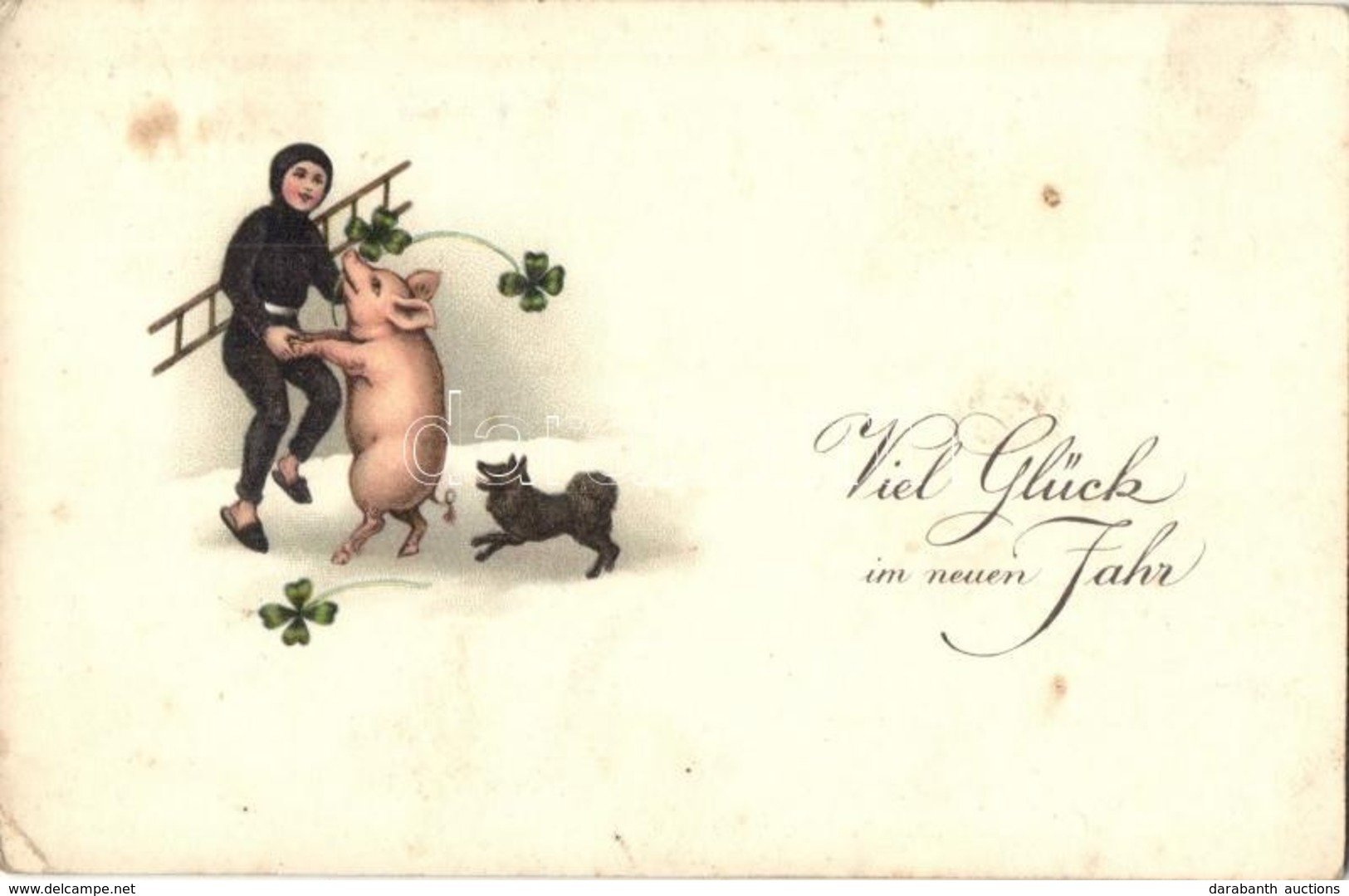 T2/T3 'Viel Glück Im Neuen Jahr' / New Year Greeting Postcard, Chimney Sweeper, Pig, Clovers, Litho (EK) - Non Classificati