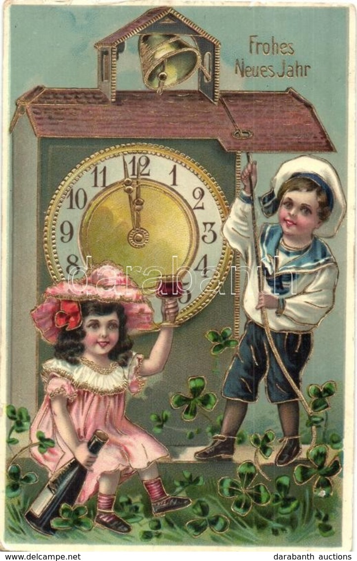 T2/T3 'Frohes Neues Jahr' / New Year Greating Postcard, Clovers, Children, Golden Litho (kopott Sarok / Worn Corner) - Zonder Classificatie