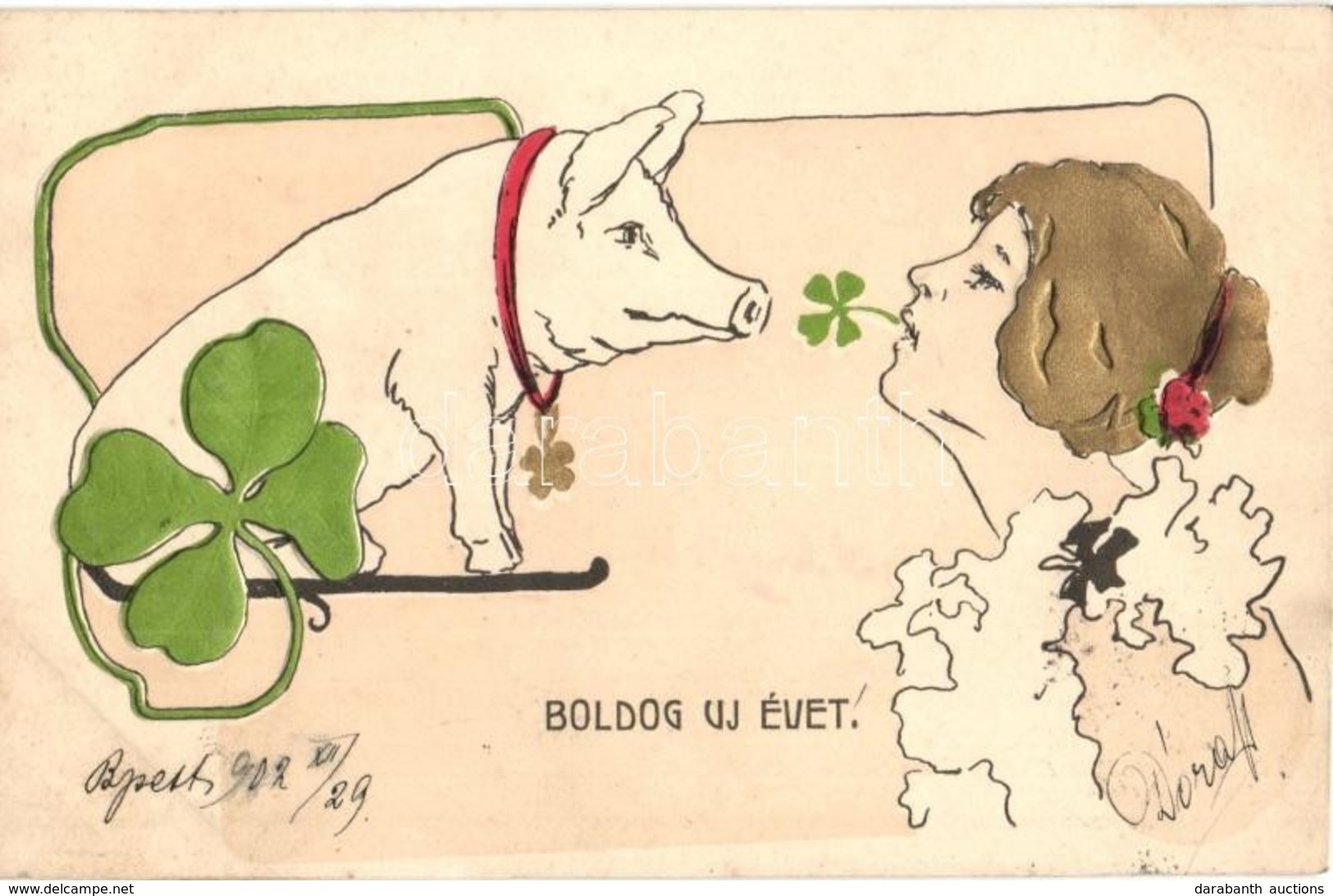 T2 1902 Boldog új évet! / New Year Greeting, Pig, Clover, Emb. - Zonder Classificatie
