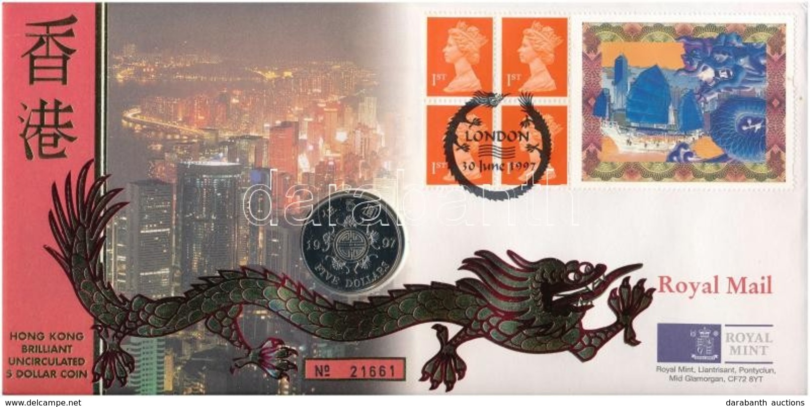 Hongkong 1997. 5$ érme Felbélyegzett Díszes 'Royal Mail' Borítékban T:BU
Hong Kong 1997. 5 Dollars Coin In 'Royal Mail'  - Zonder Classificatie
