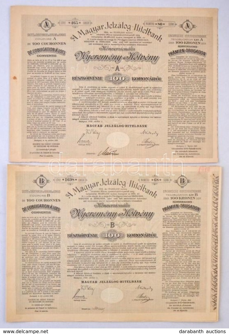 Budapest 1906. 'Magyar Jelzálog-Hitelbank Nyeremény-Kötvény' 'A' Illetve 'B' Jelű Részkötvény 100K-ról (2x), Magyar, Fra - Non Classificati