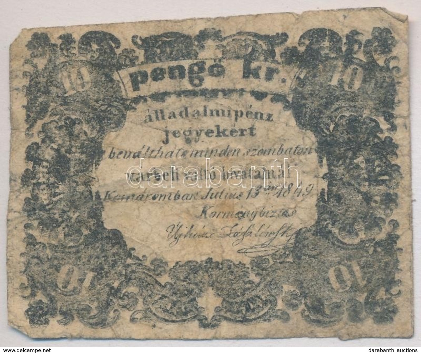 Komárom 1849. 10kr 2mm-es Betűkkel T:III-,IV
Hungary / Komárom 1849. 10 Kreuzer 2mm Wide Letters C:VG,G
Adamo KOM-3.2 - Zonder Classificatie