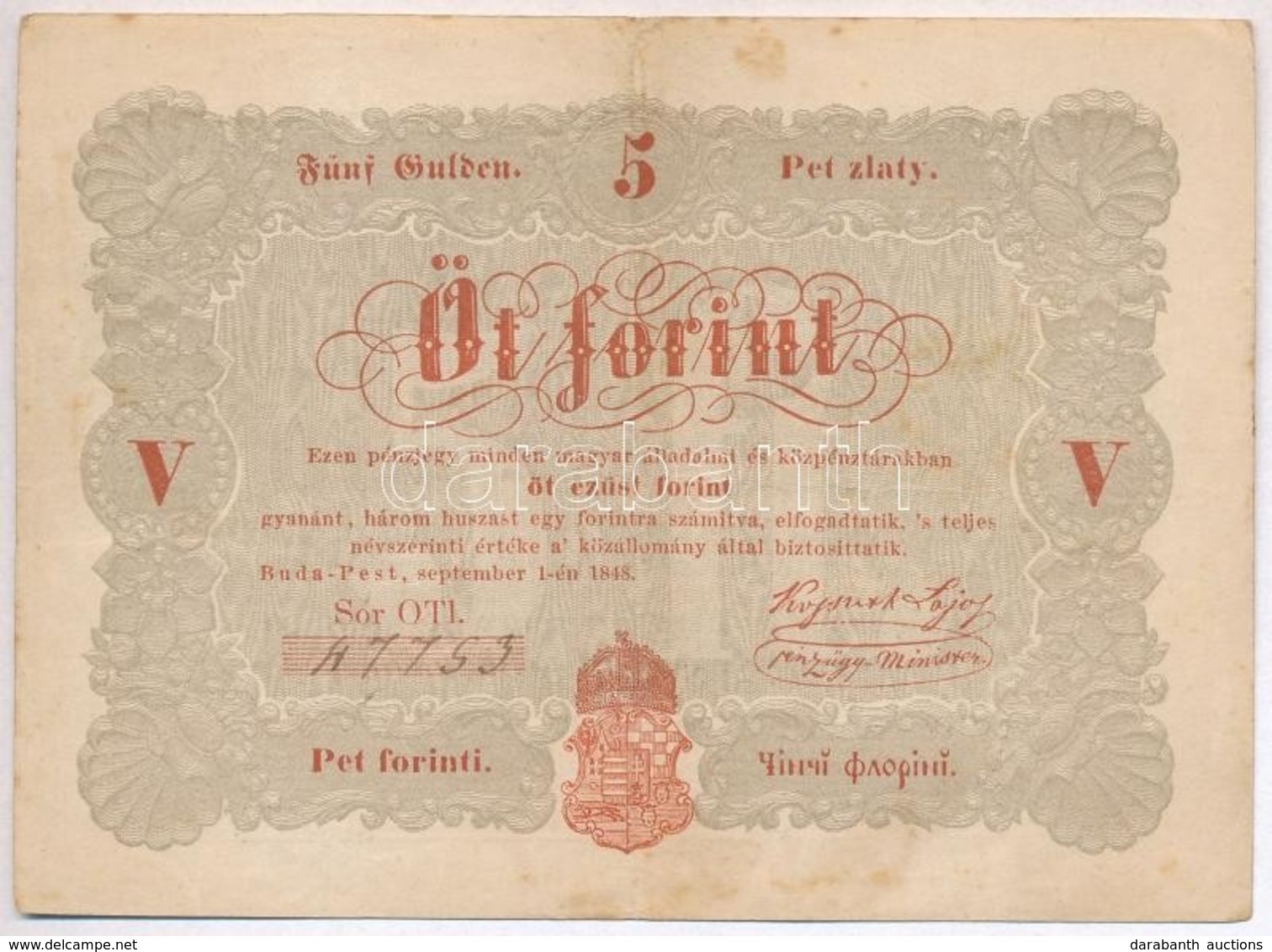 1848. 5Ft 'Kossuth Bankó' Vörösesbarna T:III Adamo G109 - Zonder Classificatie