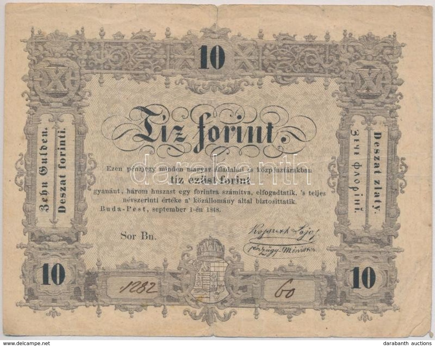 1848. 10Ft 'Kossuth Bankó' T:III- Szakadás 
Adamo G111 - Zonder Classificatie