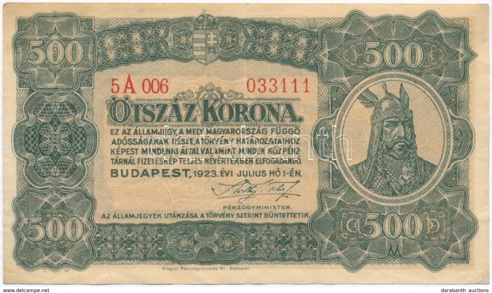 1923. 500K 'Magyar Pénzjegynyomda Rt. Budapest' Nyomdahely Jelöléssel T:III Szép Papír - Zonder Classificatie