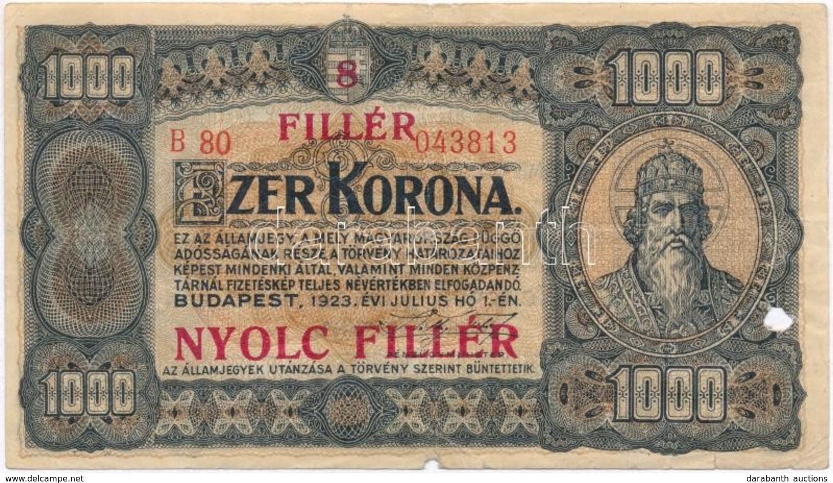 1923. 1000K '8 FILLÉR - NYOLC FILLÉR' Felülnyomással, Nyomdahely Jelölés Nélkül T:III,III- Anyaghiány, Ly. 
Adamo K37B - Zonder Classificatie