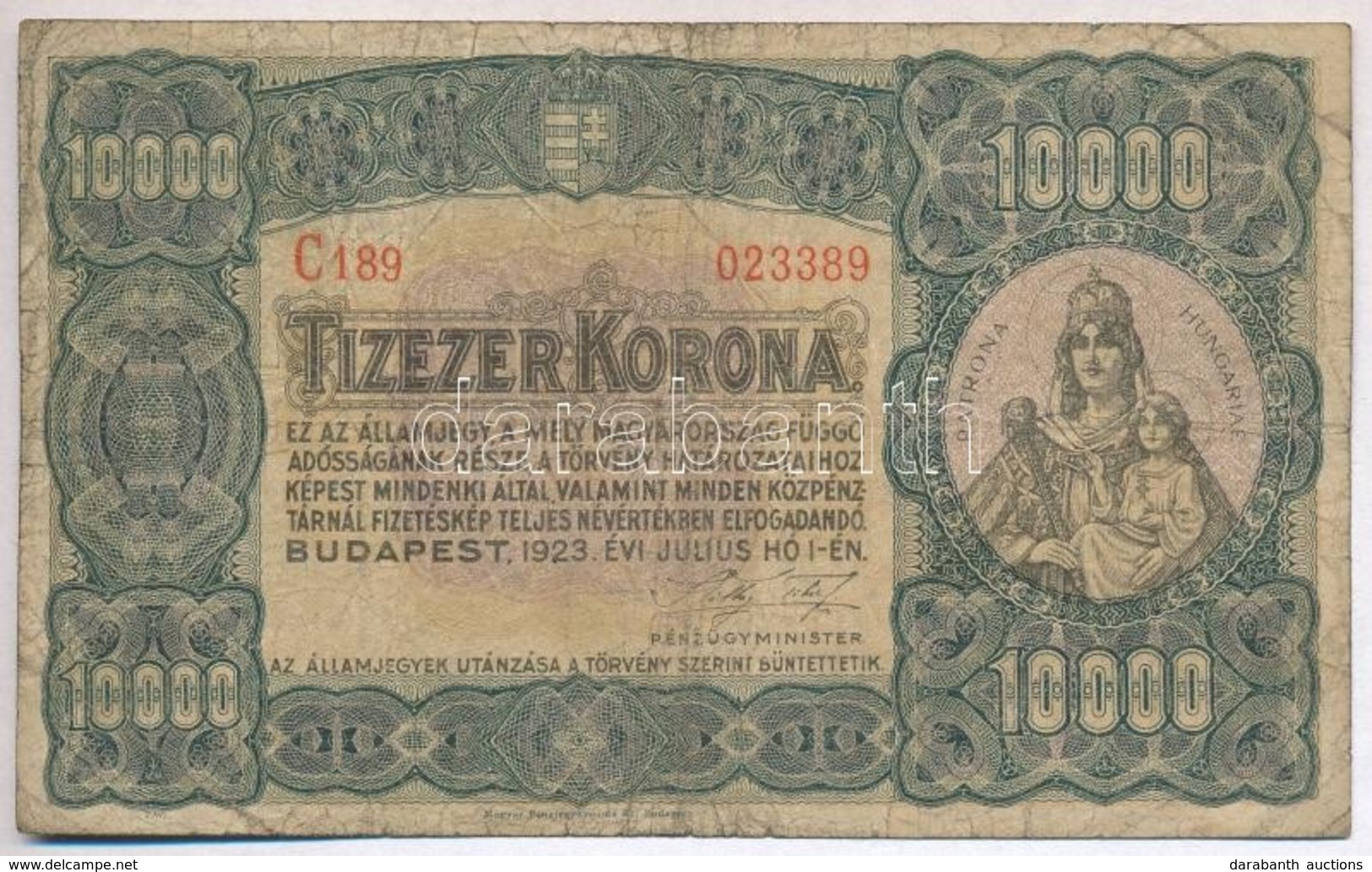 1923. 10.000K 'Magyar Pénzjegynyomda Rt. Budapest' T:III- - Zonder Classificatie