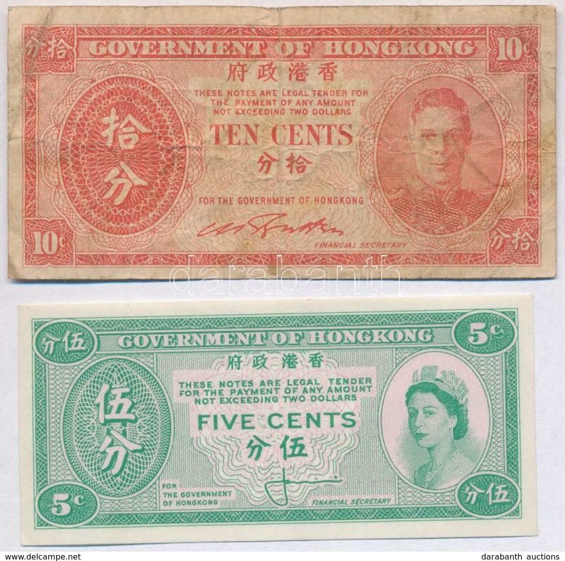Hongkong 1945. 10c + 1961. 5c T:I-,III-
Hong Kong 1945. 10 Cents + 1961. 5 Cents C:AU,VG - Zonder Classificatie