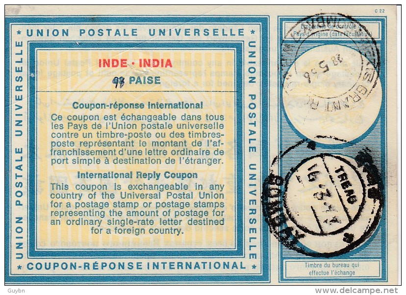 < Inde Coupon Réponse International .. International Reply Coupon .. 98 Paise .. 1956 Utilise - Unclassified