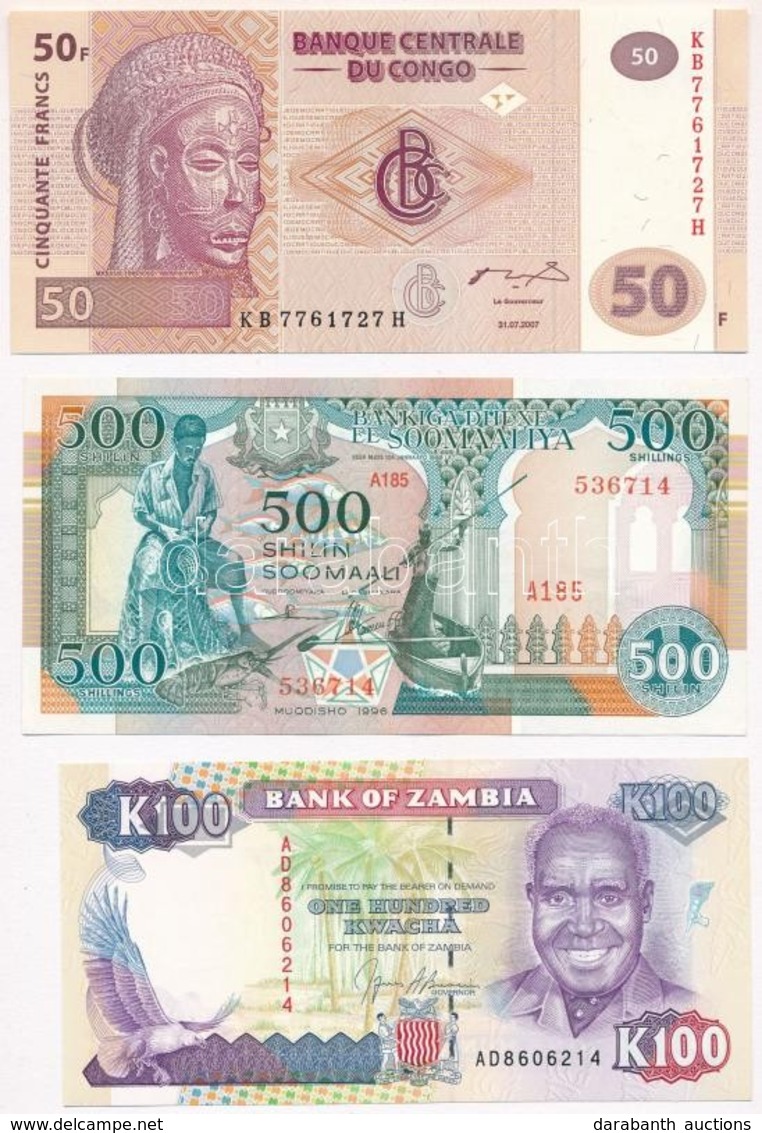 Vegyes: Zambia 1991. 100K + Szomália 1996. 500Sh + Kongói Demokratikus Köztársaság 2007. 50Fr T:I 
Mixed: Zambia 1991. 1 - Zonder Classificatie