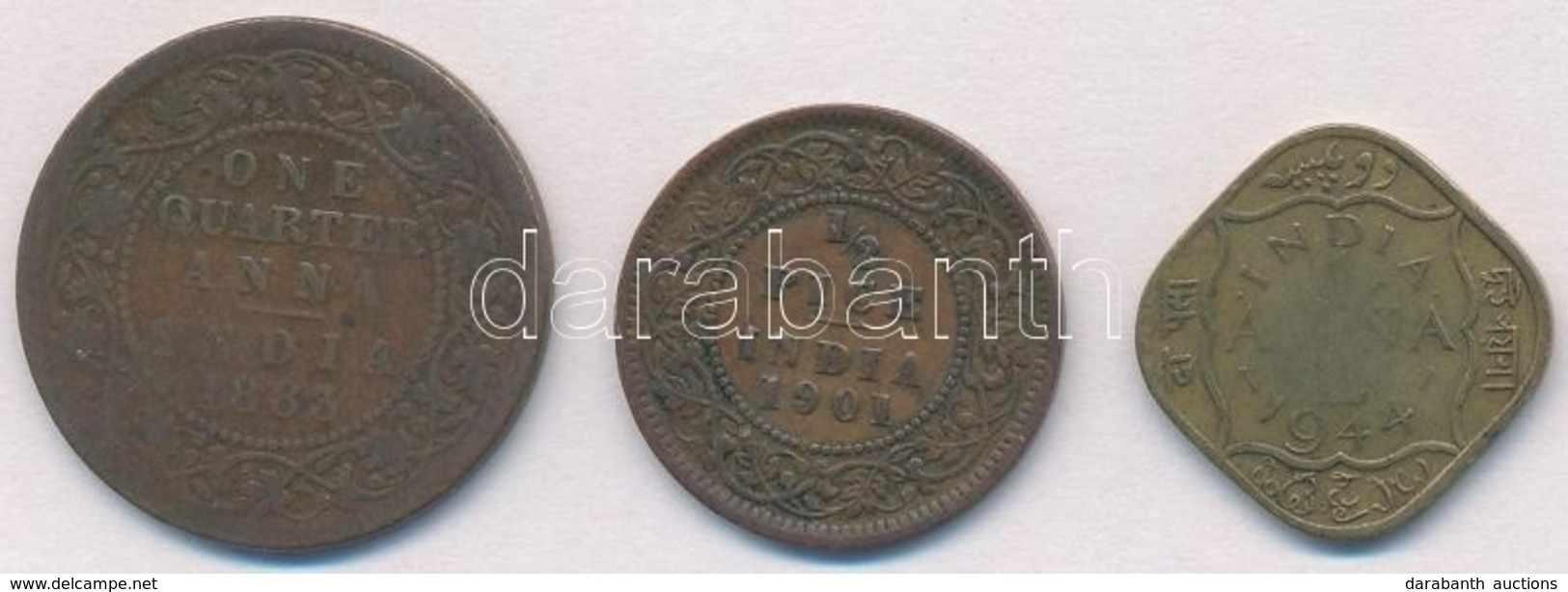 Brit-India 1883. 1/4A Cu + 1901. 1/2p Cu + 1944. 1/2A Ni-sárgaréz T:2-,3
British India 1883. 1/4 Anna Cu + 1901. 1/2 Pic - Non Classés