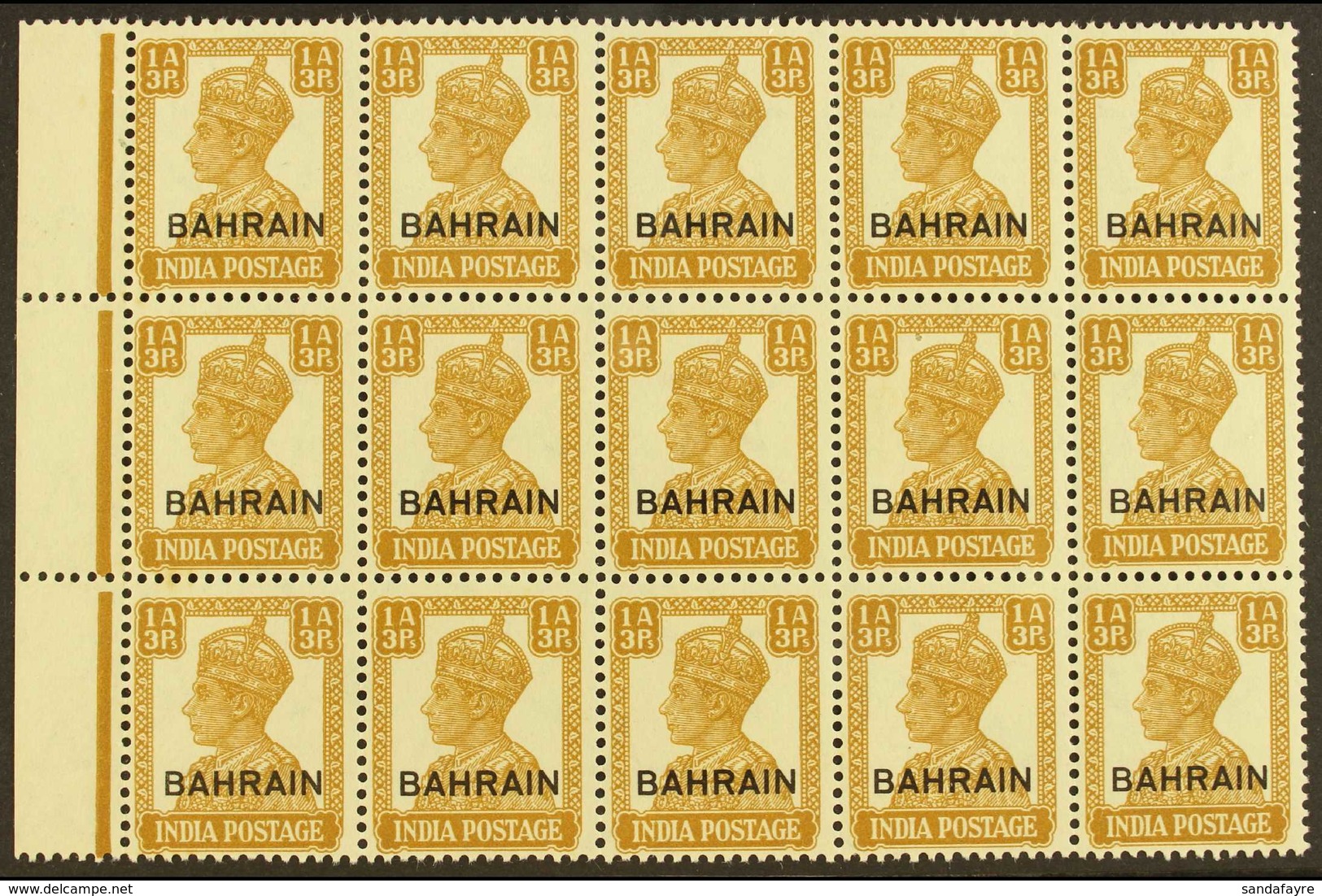 1942-45 1a3p Bistre, SG 42, Never Hinged Mint Marginal BLOCK OF 15 Stamps. Lovely (1 Block Of 15) For More Images, Pleas - Bahrein (...-1965)