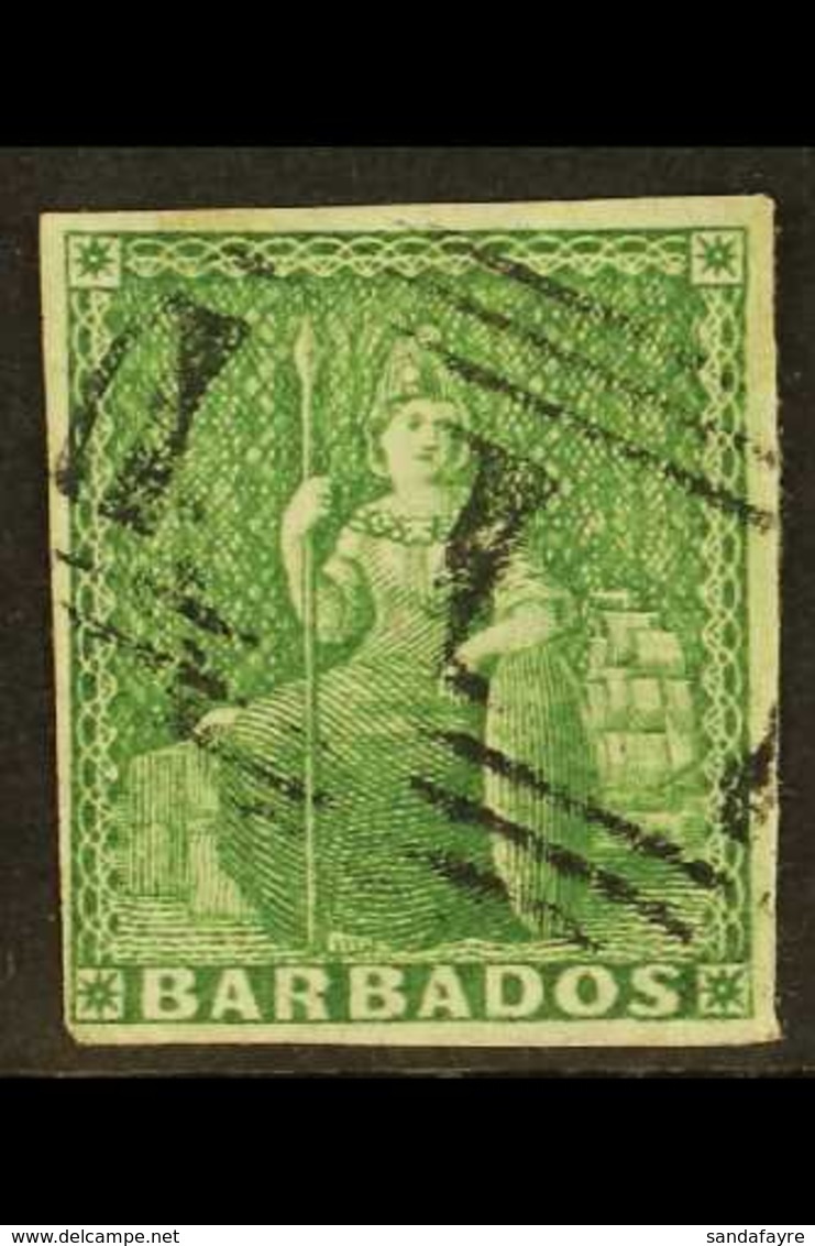 1855-58 (½d) Yellow-green On White Paper, SG 7, Good Used With Four Margins. For More Images, Please Visit Http://www.sa - Barbados (...-1966)