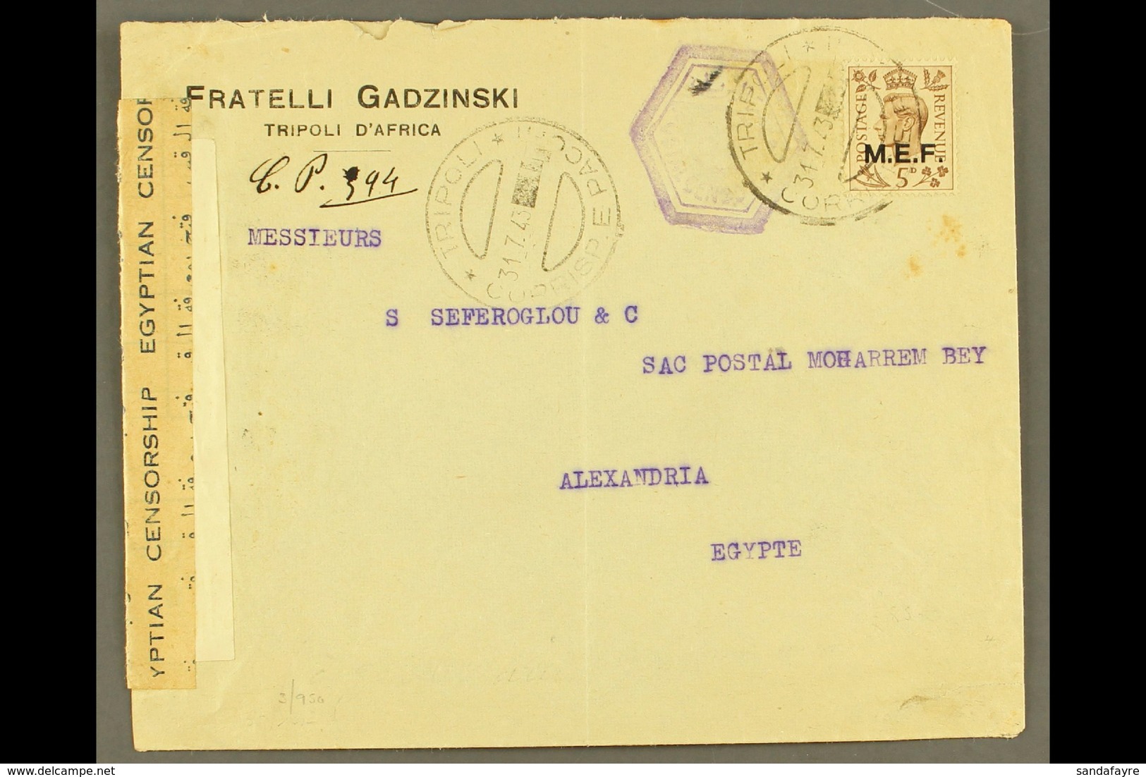 TRIPOLI 1943 Censored Commercial Cover To Egypt, Franked With KGVI 5d "M.E.F." Ovpt, Clear Tripoli 31.7.43 C.d.s. Postma - Africa Orientale Italiana