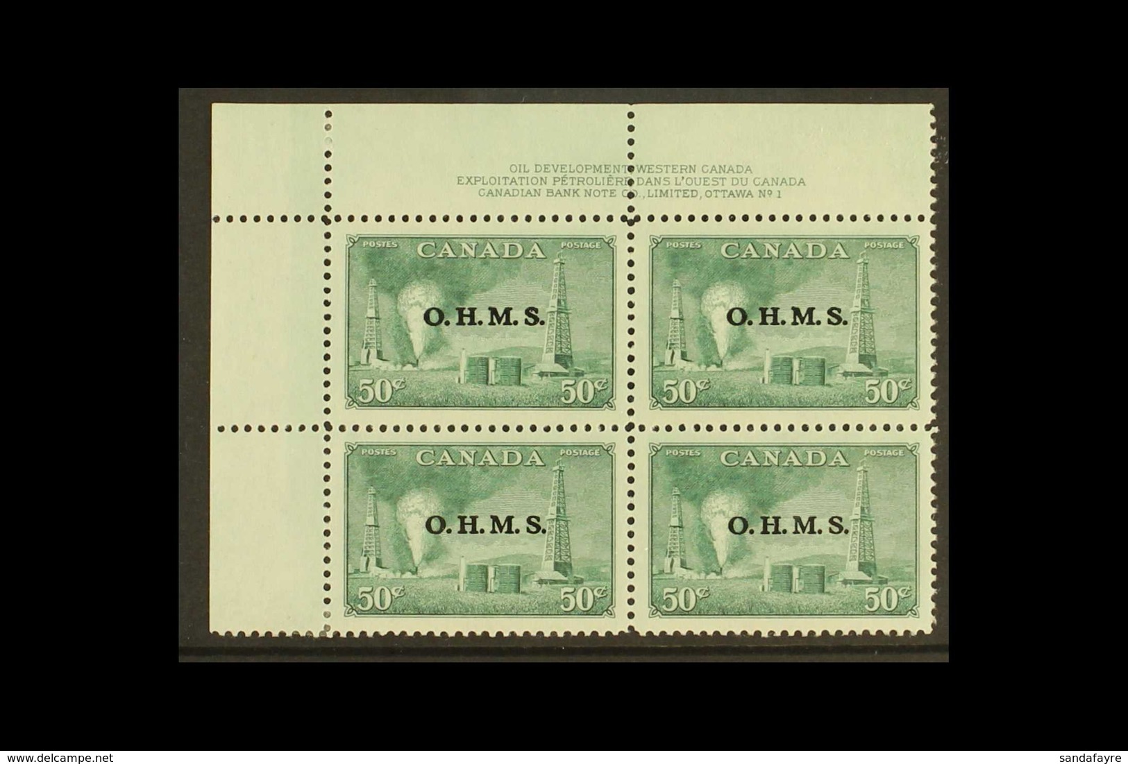 OFFICIAL 1949-50 50c Green Oil Wells With "O.H.M.S." Overprint, SG O177, Top Left Hand Plate Block Of Four With Control  - Altri & Non Classificati