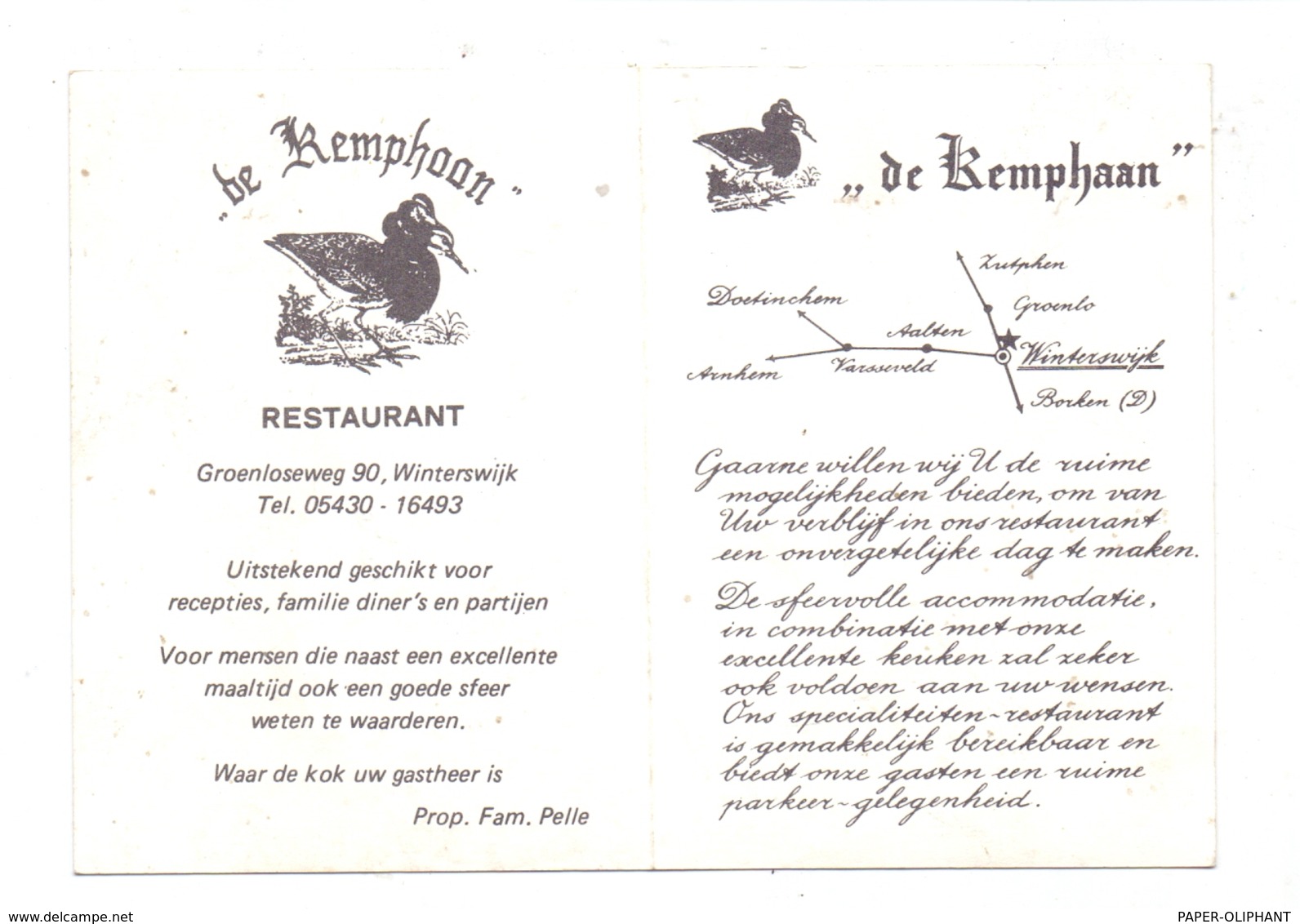 GELDERLAND - WINTERSWIJK, Restaurant "DE KEMPHAAN", Klapp-Karte - Winterswijk