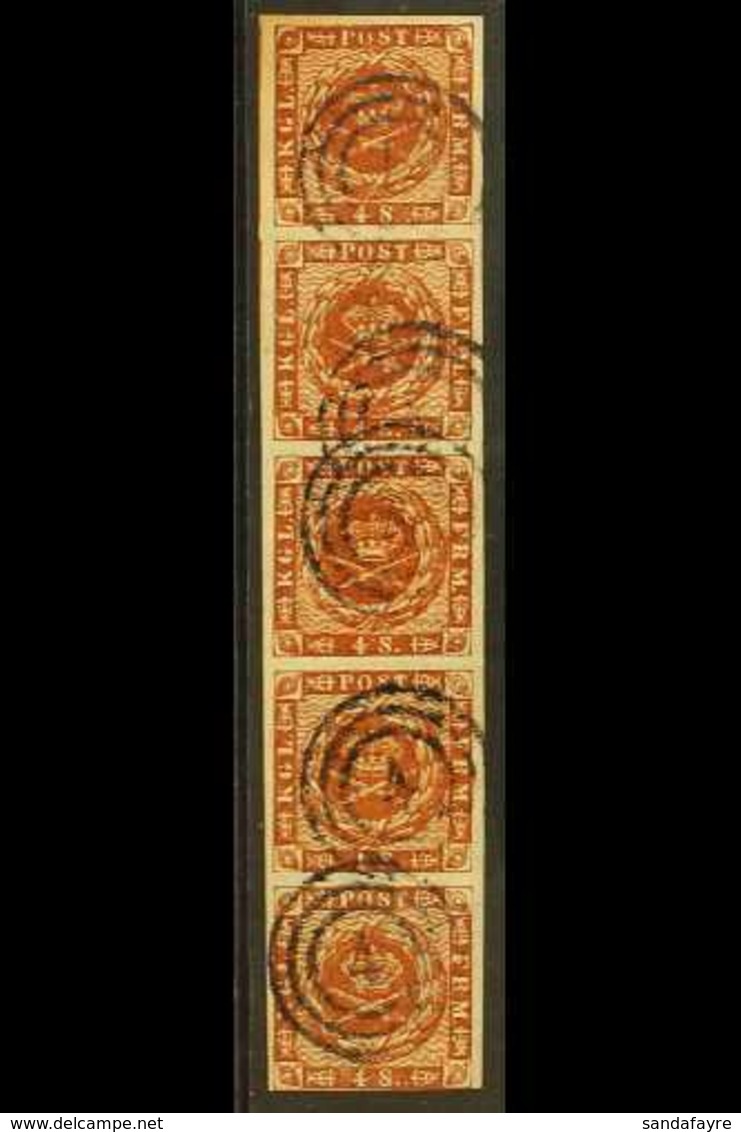 1858 4sk Orange-brown (Facit 7a, SG 15, Michel 7a), Fine Used VERTICAL STRIP Of 5, With Full Margins Just Touching At Bo - Altri & Non Classificati