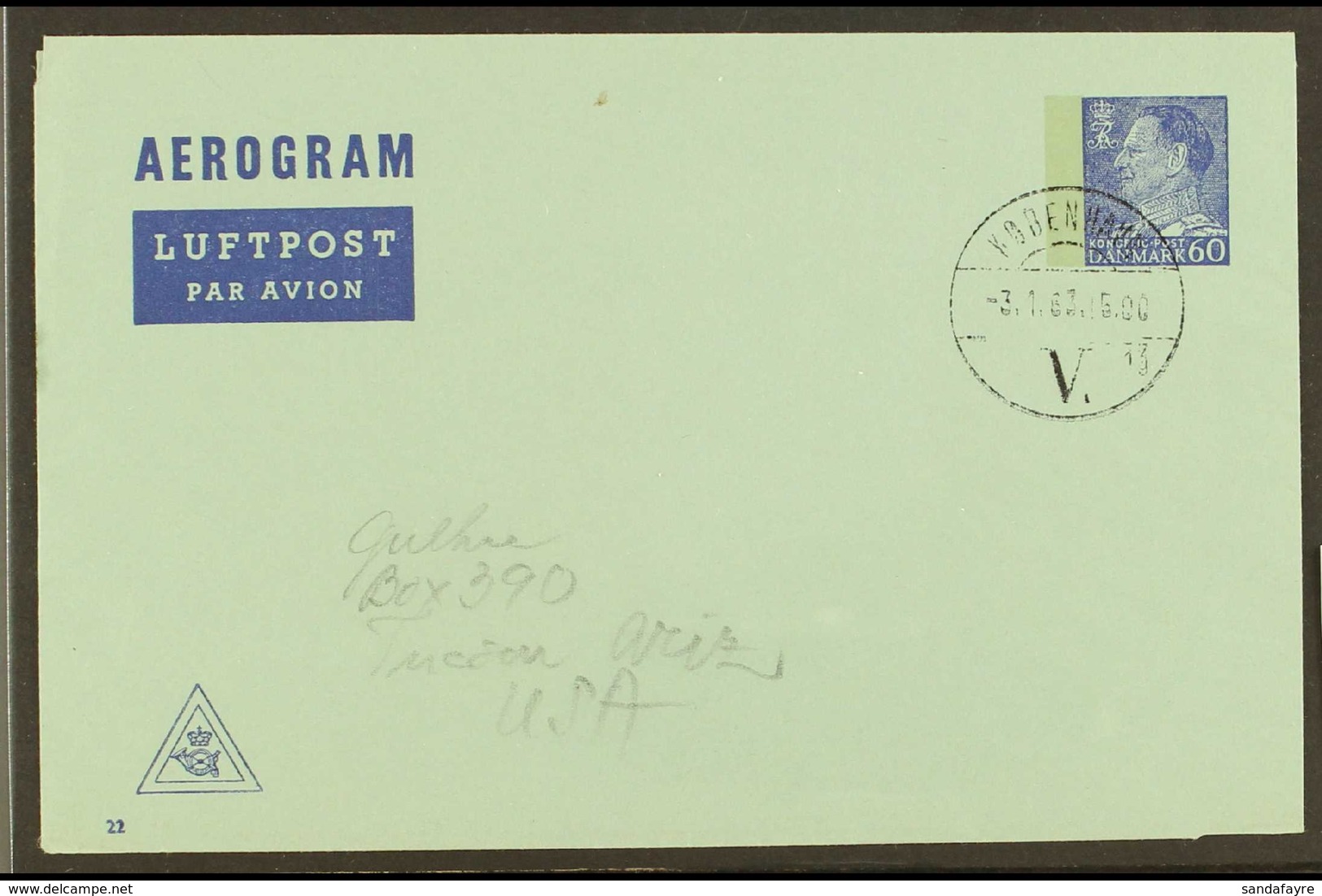 1962 60o Dark Blue On Greenish Paper Aerogramme With MISSING "IL" OF "MAIL" Variety, Kessler 16b, Very Fine Used, Addres - Altri & Non Classificati