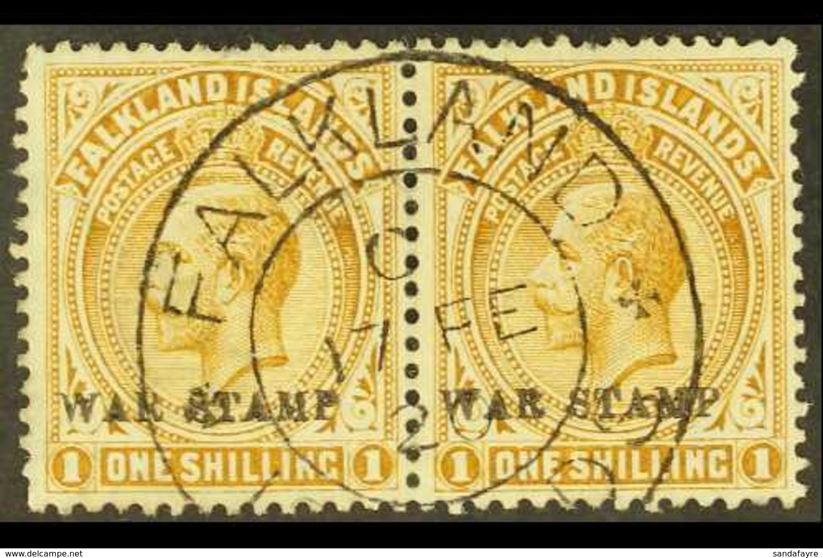 1918-20 "WAR STAMP" 1s Pale Bistre-brown, SG 72a, Horizontal Pair With Very Fine Fully Dated Cds, Couple Of Shortish Per - Falklandinseln