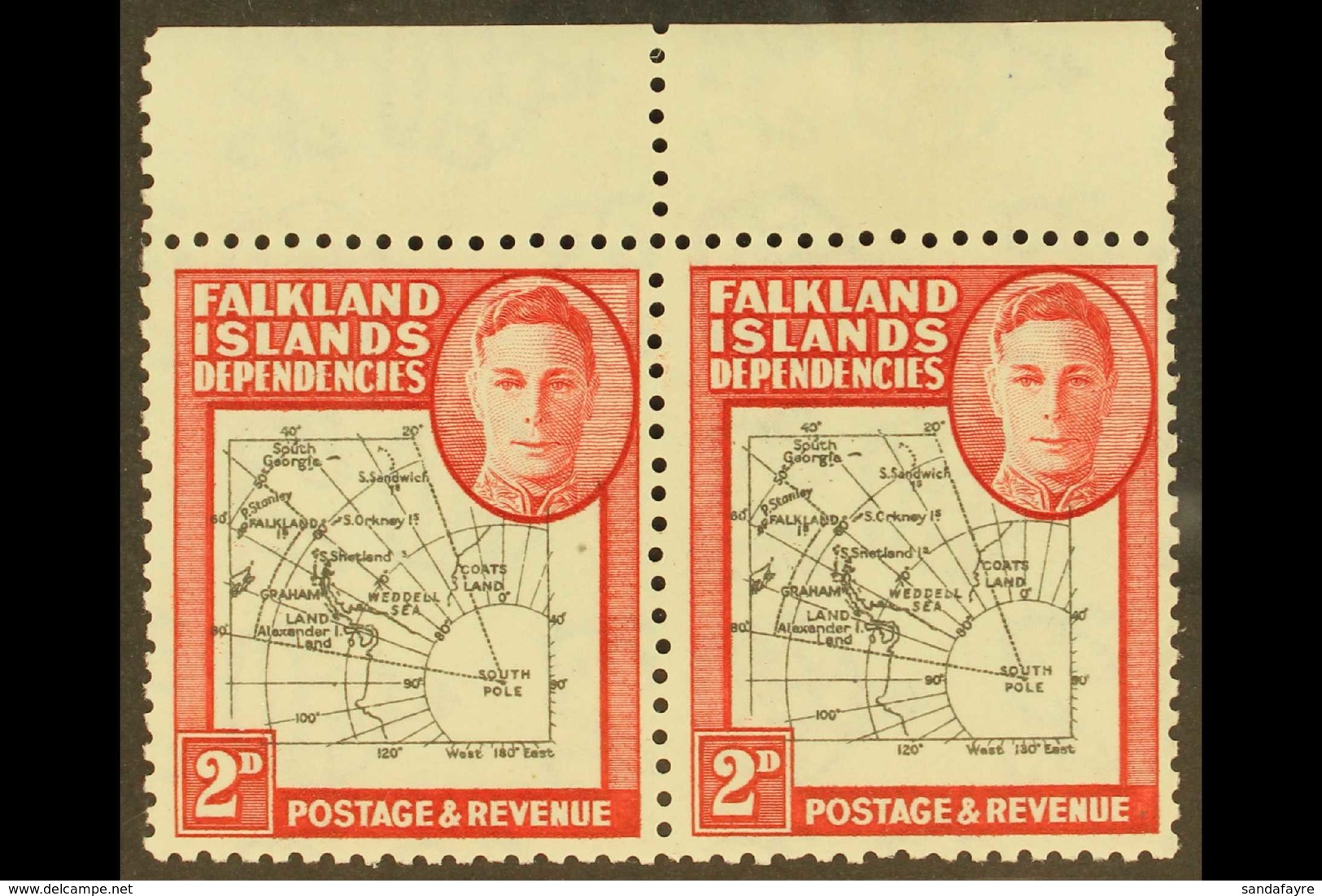 1946-49 2d Black And Carmine Thick Maps With MISSING " I " Variety In Pair With Normal, SG G3b + G3, Never Hinged Mint,  - Falkland