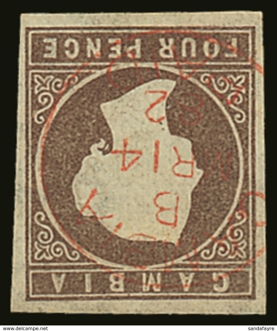 1874 4d Brown Imperf With WATERMARK INVERTED Variety, SG 5w, Superb Used With Four Good To Large Margins, And Neat Full  - Gambia (...-1964)
