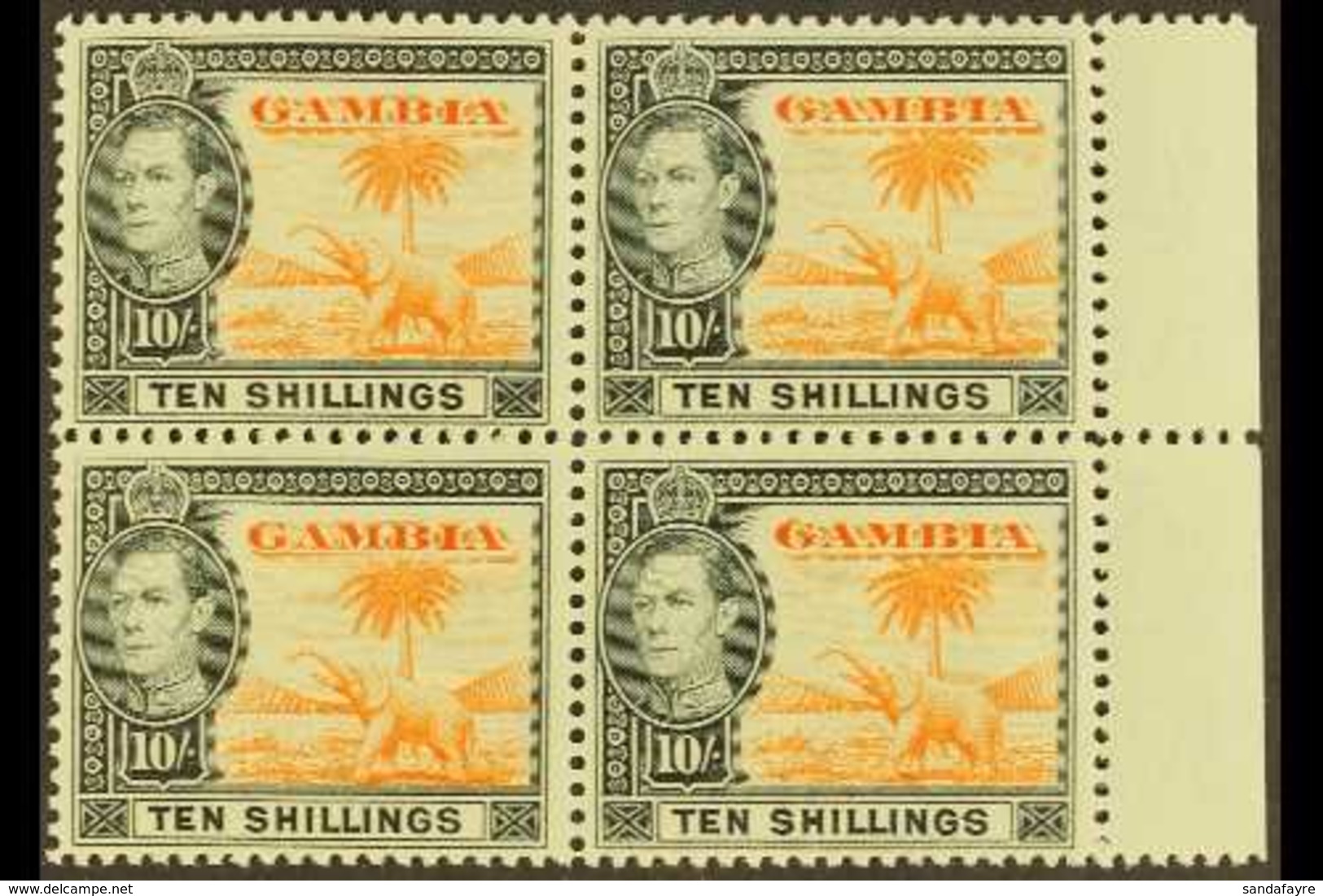 1938-46 10s Orange & Black, SG 161, Never Hinged Mint Marginal Block Of 4 (4) For More Images, Please Visit Http://www.s - Gambia (...-1964)