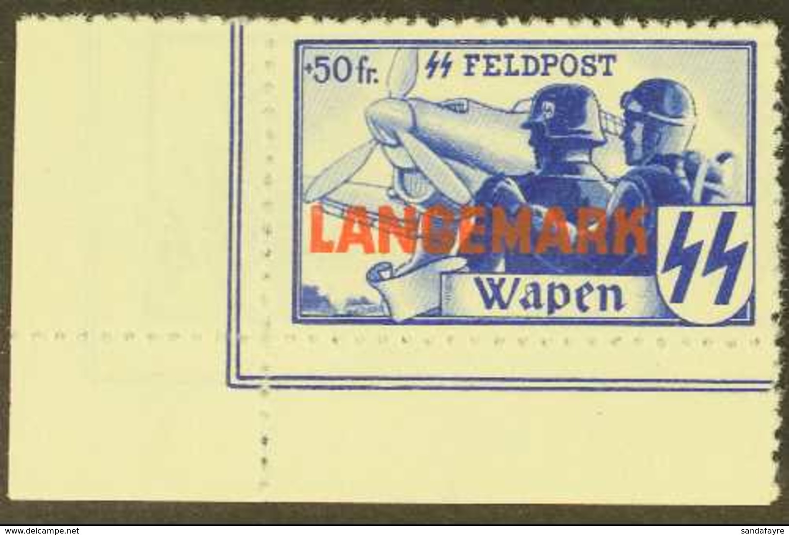 BELGIUM / FLEMISH LEGION 1943 Unissued +50 FR Blue Opt'd Red "LANGMARK" Perforated From The Lower Left Corner Of The She - Altri & Non Classificati