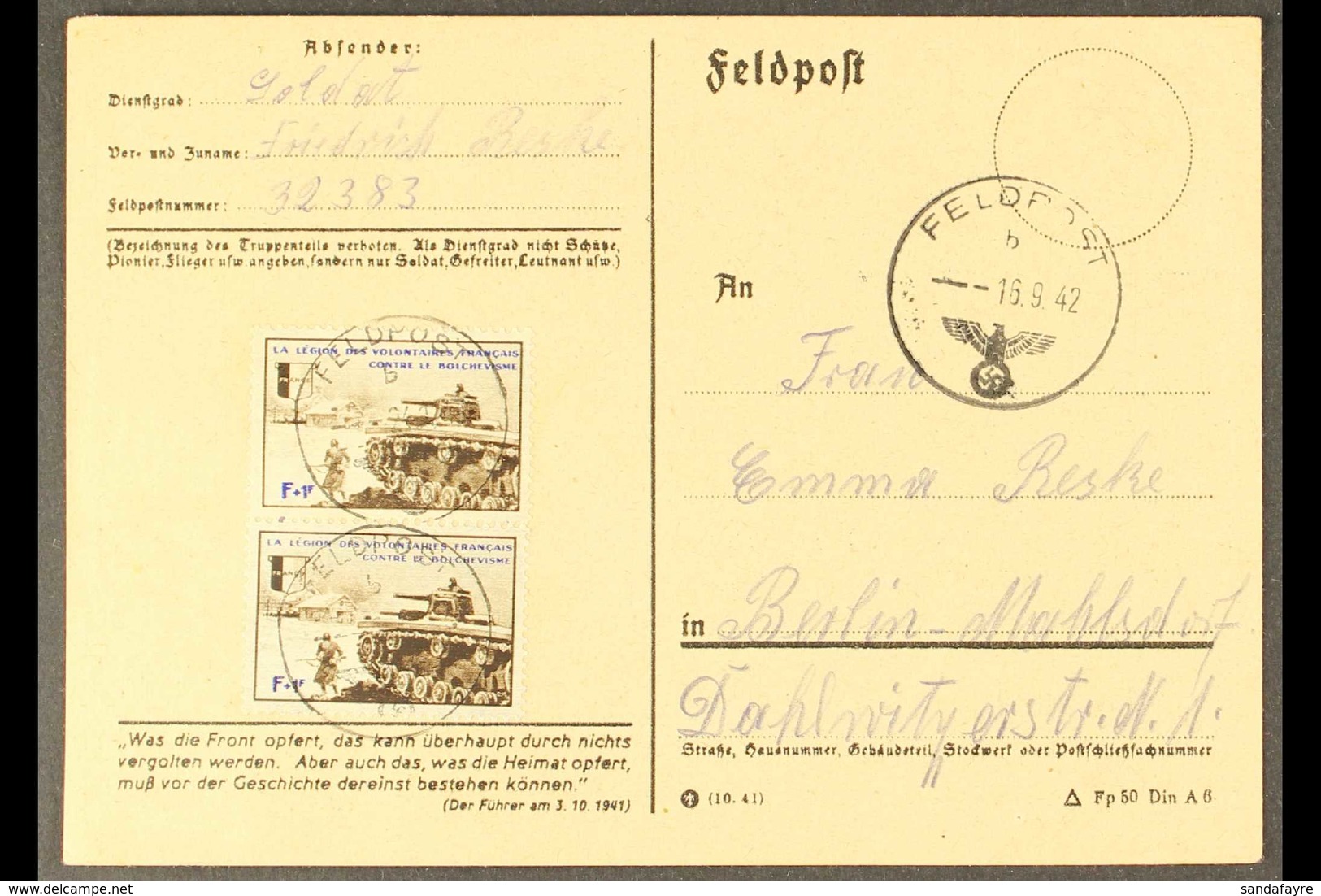 FRENCH LEGION 1942 (16 Aug) Feldpost Post Card To Berlin With Lengthy Message On Reverse Bearing A PAIR Of The 1942 (Apr - Altri & Non Classificati