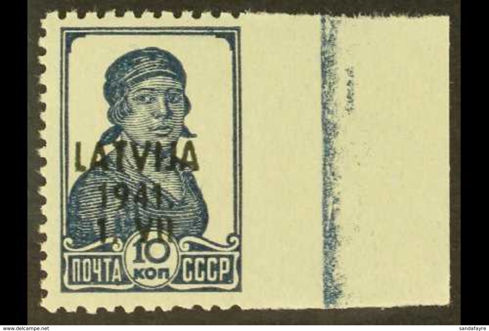 LATVIA 1941 10k Prussian Blue IMPERF AT RIGHT Between Stamp And Sheet Margin, Michel 2 Ur, Lightly Hinged Mint. For More - Altri & Non Classificati