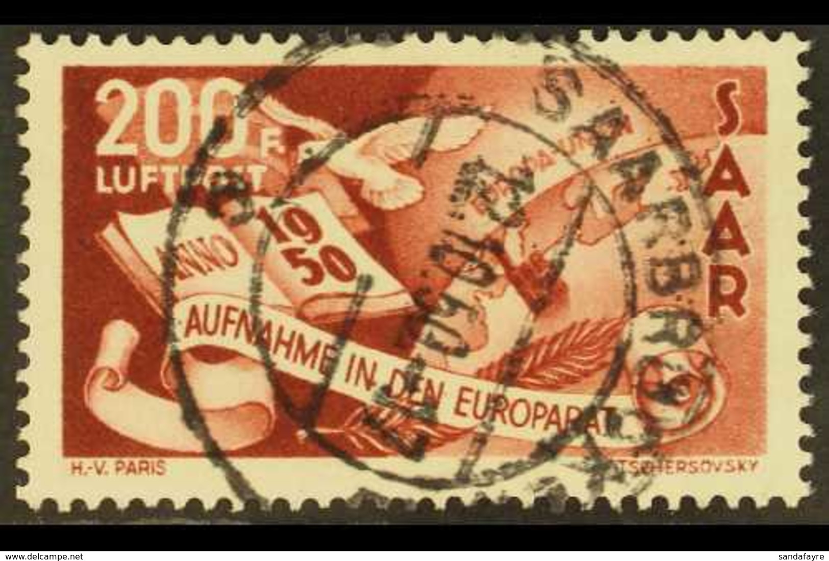 1950 200f Brown Lake Air Council Of Europe With WHITE DOT AFTER "F" Plate Flaw, Michel 298 I, Very Fine Cds Used With Fu - Altri & Non Classificati